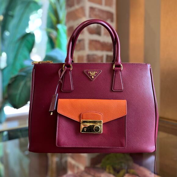 PRADA Bi-Color Saffiano Lux Leather Pocket Tote Bag - Picture 1 of 15